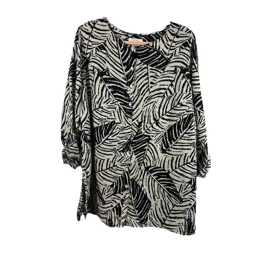 Cynthia Rowley 1X Linen Shirt Black White Tropical Palm Leaf Resort Tunic Top